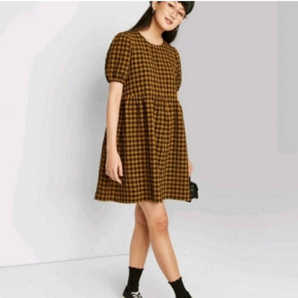 Wild Fable Black/Gold Checkered Babydoll Dress Size Medium